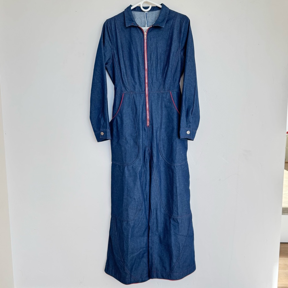 OYROSY denim jumpsuit with red piping, Size S